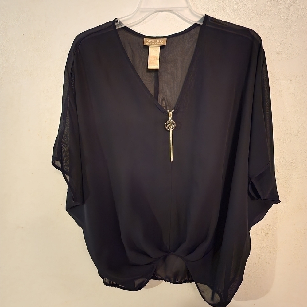 Miss Tina Boho Black Short Sleeve Flutter Blouse Size M